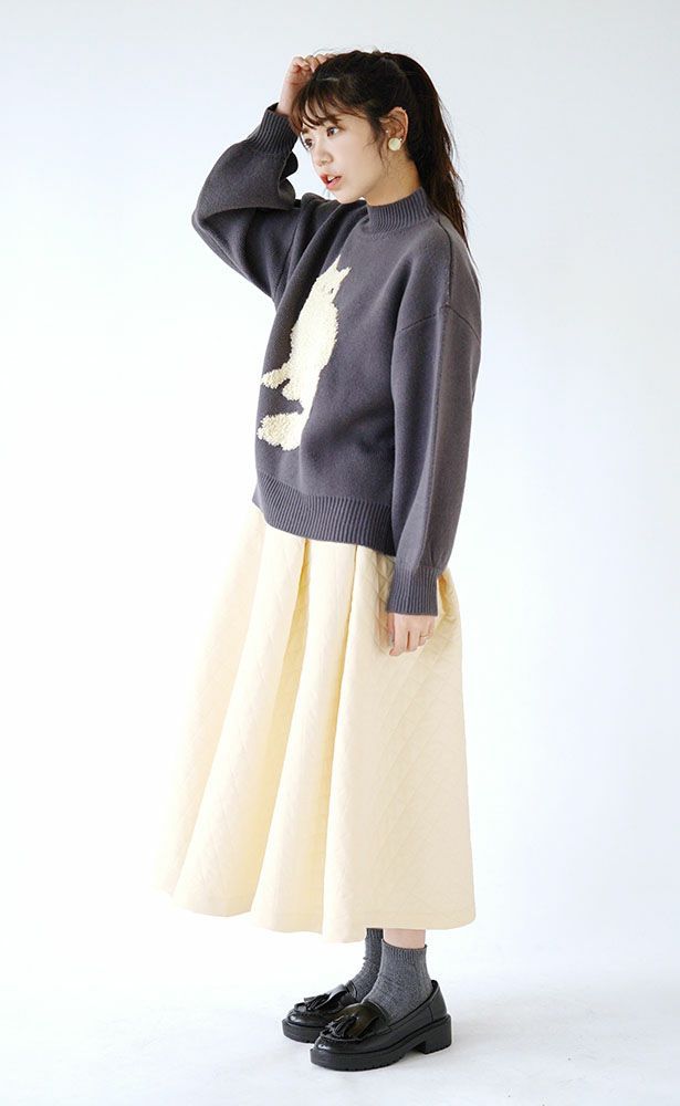 日本 zootie - 貓咪印花短絨拼接毛衣-深灰