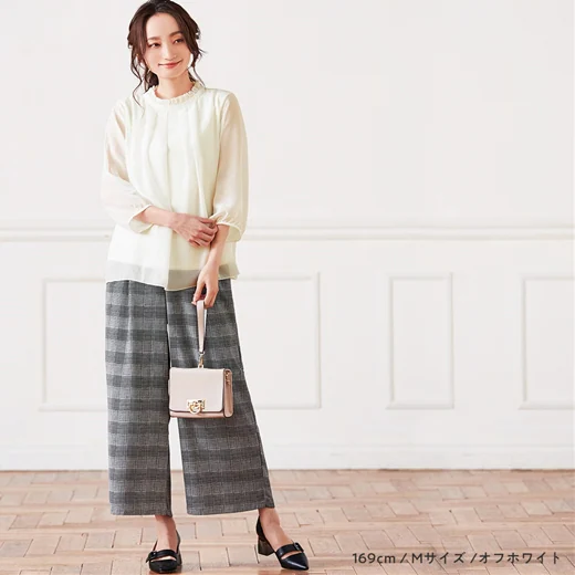 日本 BELLUNA - 優雅抓皺雪紡八分袖上衣-黑