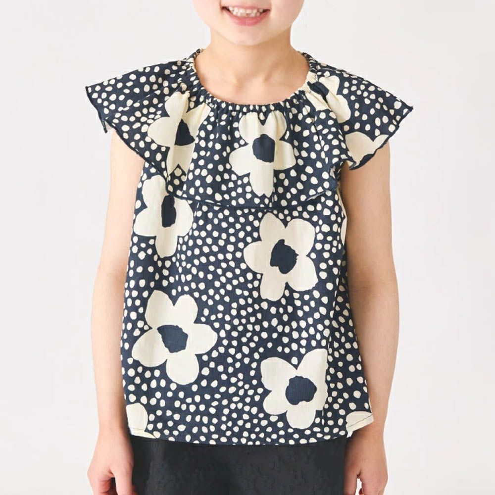 100%棉 歐風荷葉領無袖背心-海軍藍