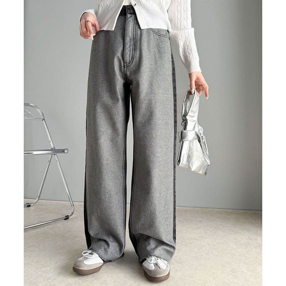 Java 個性深淺配色寬版丹寧褲-灰黑系