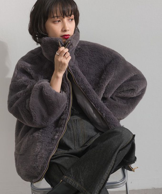 日本 ELENCARE DUE - 奢華毛絨柔軟寬鬆保暖拉鍊外套-灰摩卡