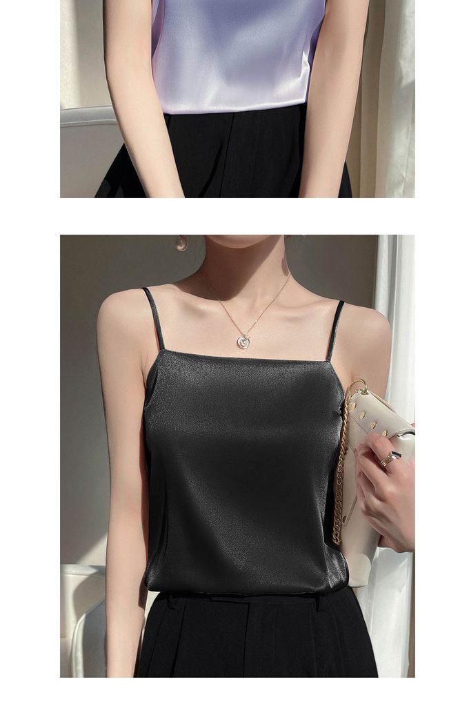 香茉 CHANMODE - 冰絲綢緞雪紡爽滑冰肌緞面吊帶文胸一體式結構平口吊背心(無罩杯)-黑色