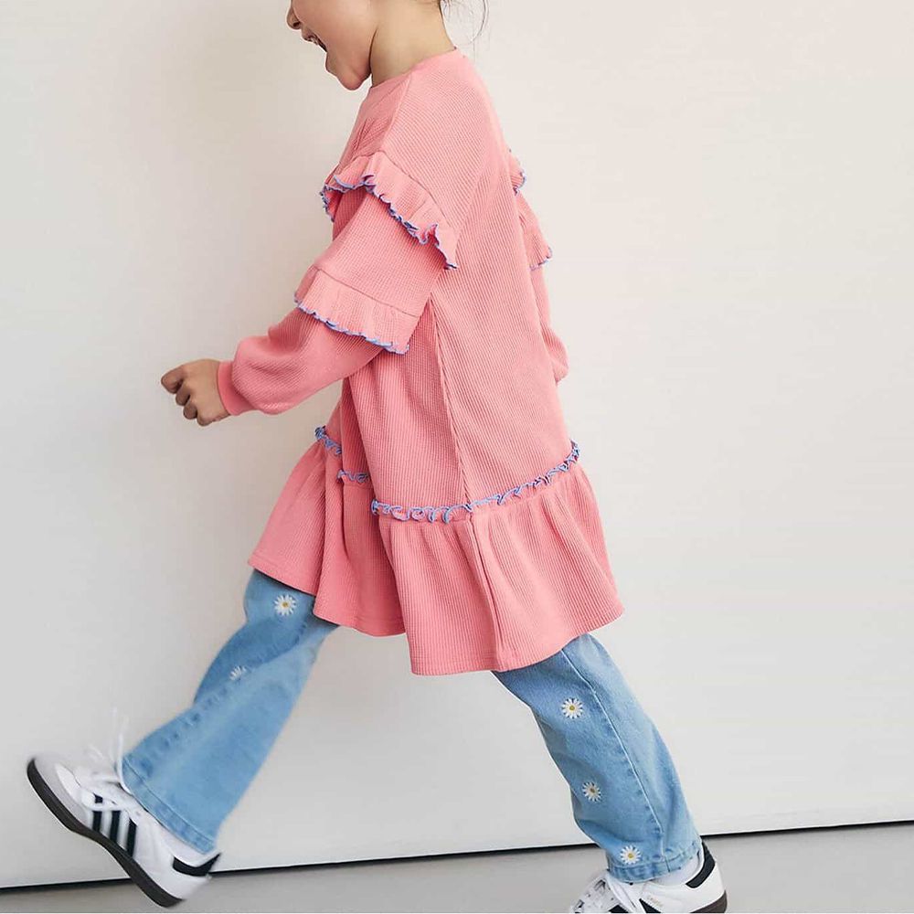 甜美荷葉分層華夫格長袖洋裝-粉紅