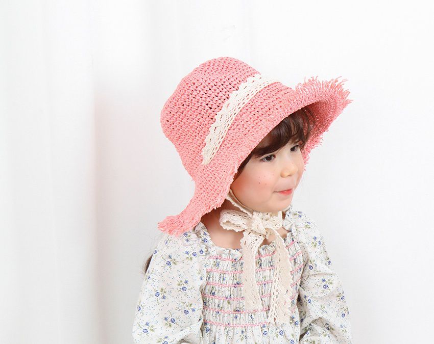 韓國 Babyblee - 鬚邊蕾絲大草帽-玫瑰粉 (頭圍：51-53cm)