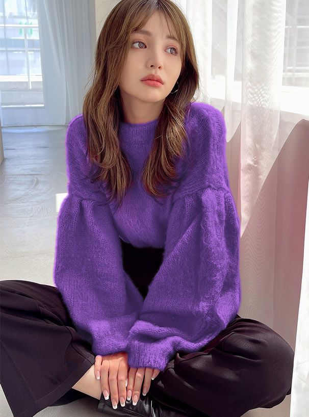 日本 GRL - 圓領短絨氣球袖毛衣-象牙杏 (F)