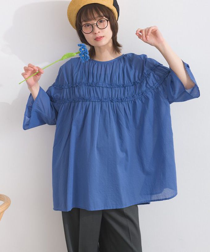 日本 Lupilien - 100%棉 輕盈感皺摺廓形五分袖上衣-萊姆綠