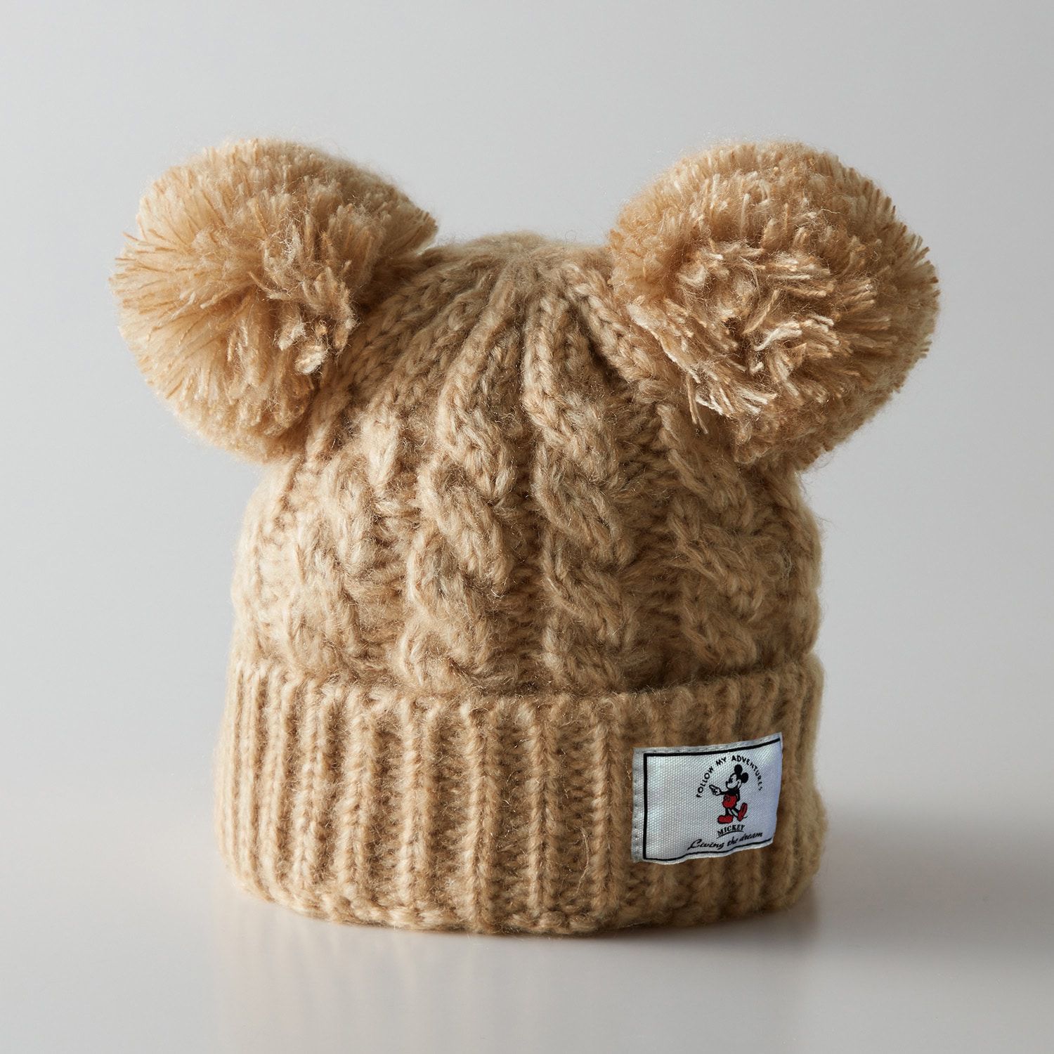 日本千趣會 - 迪士尼 可愛大絨球角色布標麻花毛帽-黑 (52~56cm)