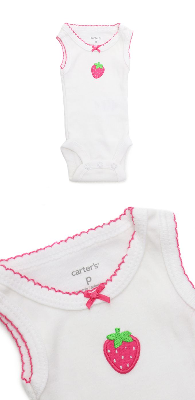 美國 Carter's - 小草莓貼布短袖背心包屁衣+長褲彌月3件組 (NB)