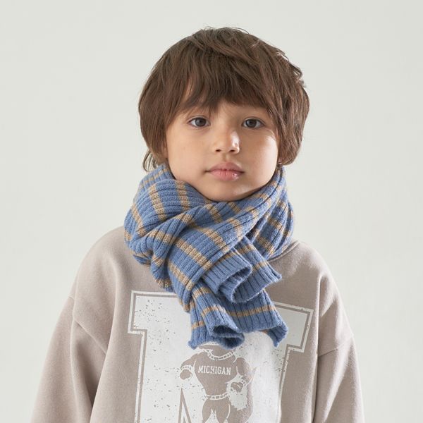 日本 b-ROOM - 注目配色條紋針織圍巾-藍x淺灰 (F)