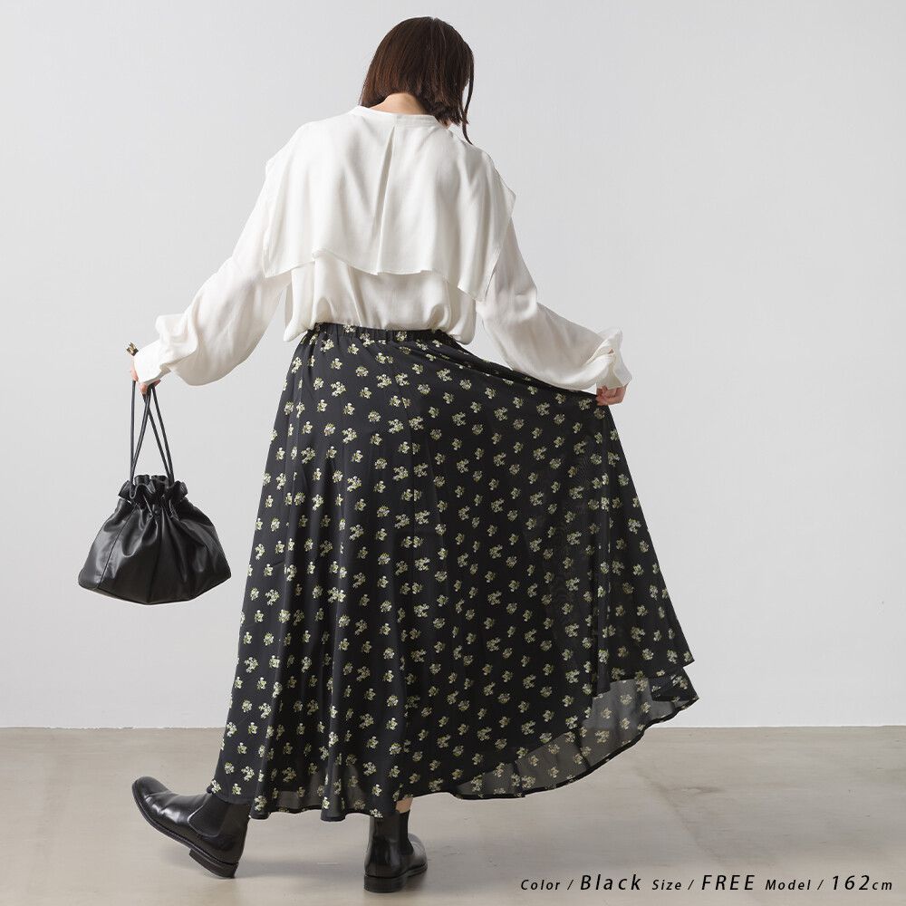 日本 OMNES - 碎花飄逸長裙-黑