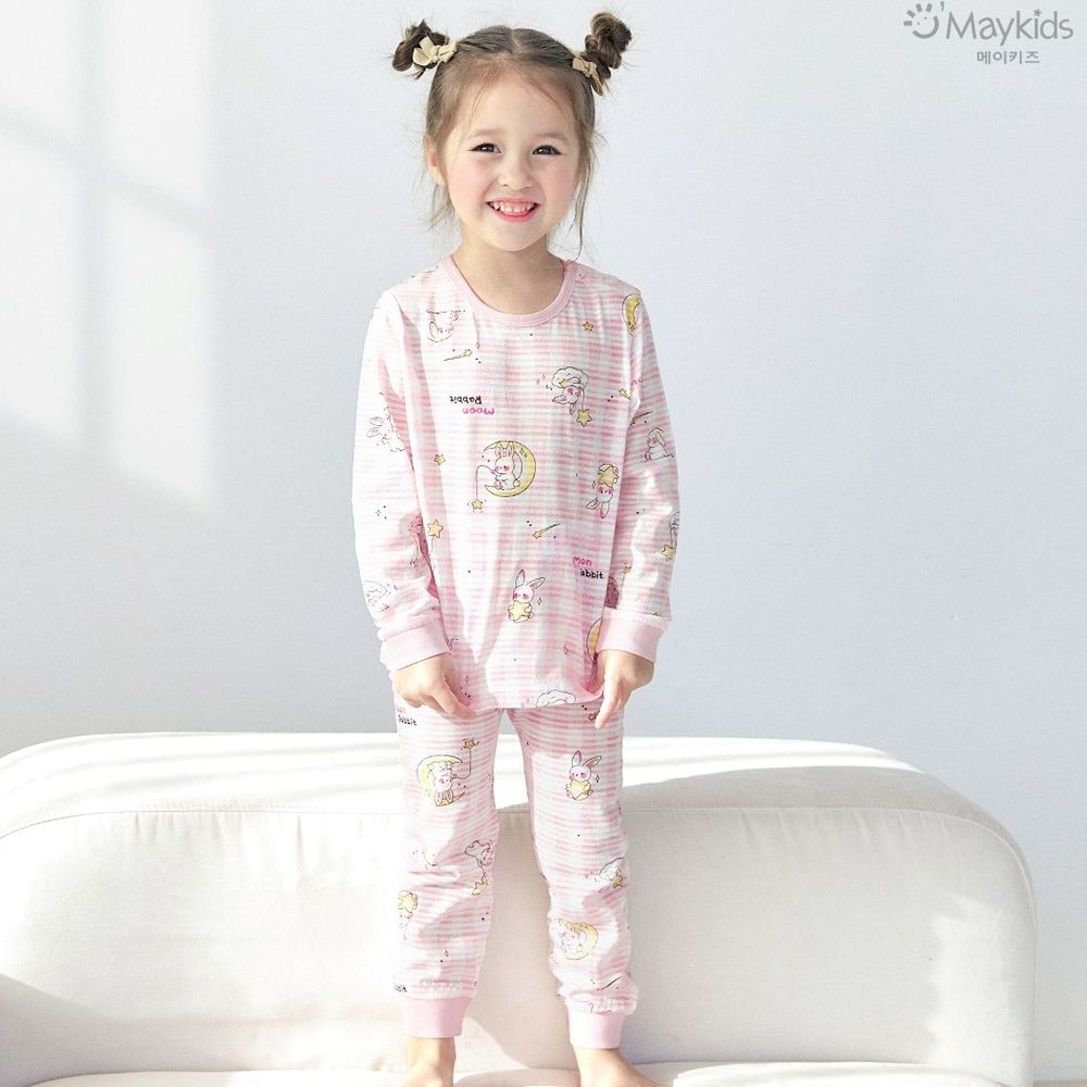 透氣條紋提花棉長袖家居服-星月兔兔-粉格紋