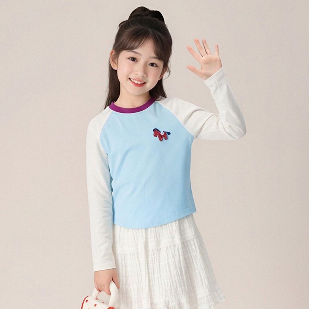 簡約拼色長袖上衣-刺繡小馬-藍色