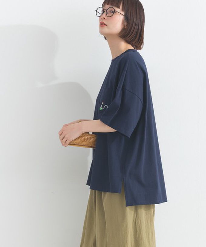 日本 Lupilien - 16支天竺棉俏皮動物刺繡大口袋短袖T恤-咖啡