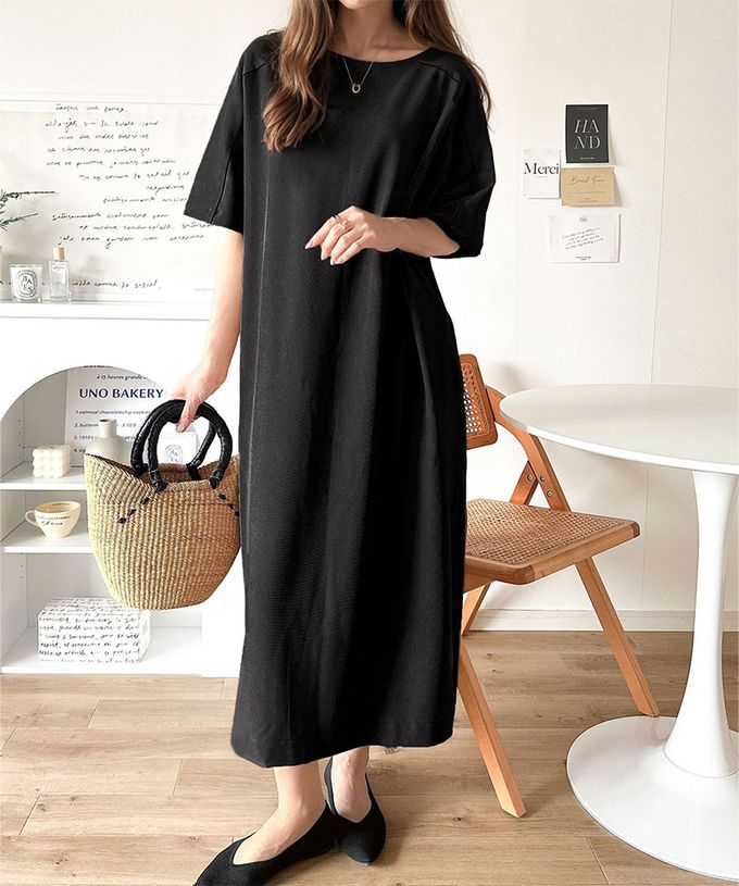 日本 Classical Elf - 亞麻感洗練線條短袖洋裝-摩卡棕