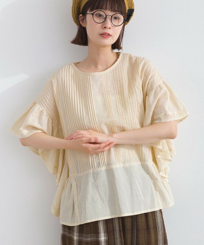 日本 Lupilien - 100%印度棉 細緻緹花大寬袖上衣-米杏