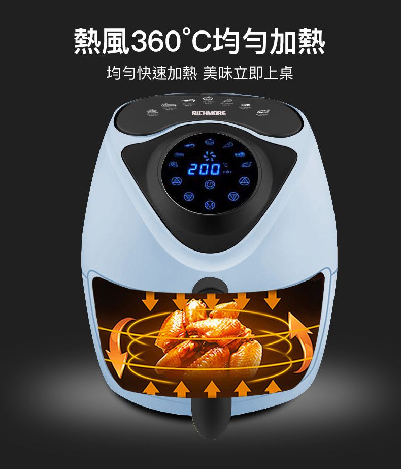 RICHMORE - 液晶觸控式安全安心氣炸鍋-RM055-藍色-內鍋3L / 外鍋4L