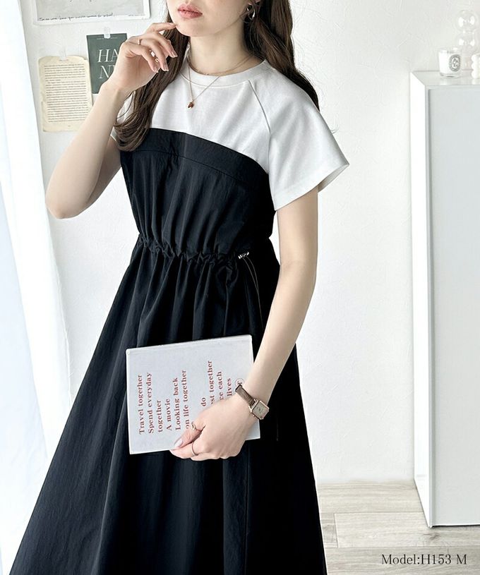 日本 Classical Elf - 法式袖拼接縮腰抽繩洋裝-黑x白