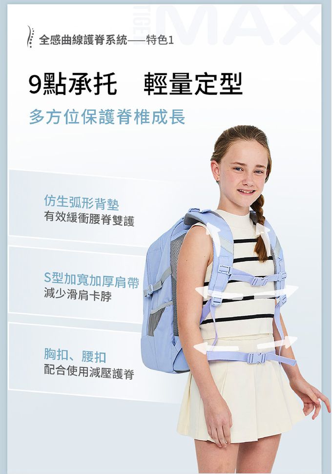 九點承托，全方位保護脊椎，加寬加厚雙S減壓肩帶，卸力胸扣腰扣，減壓護脊