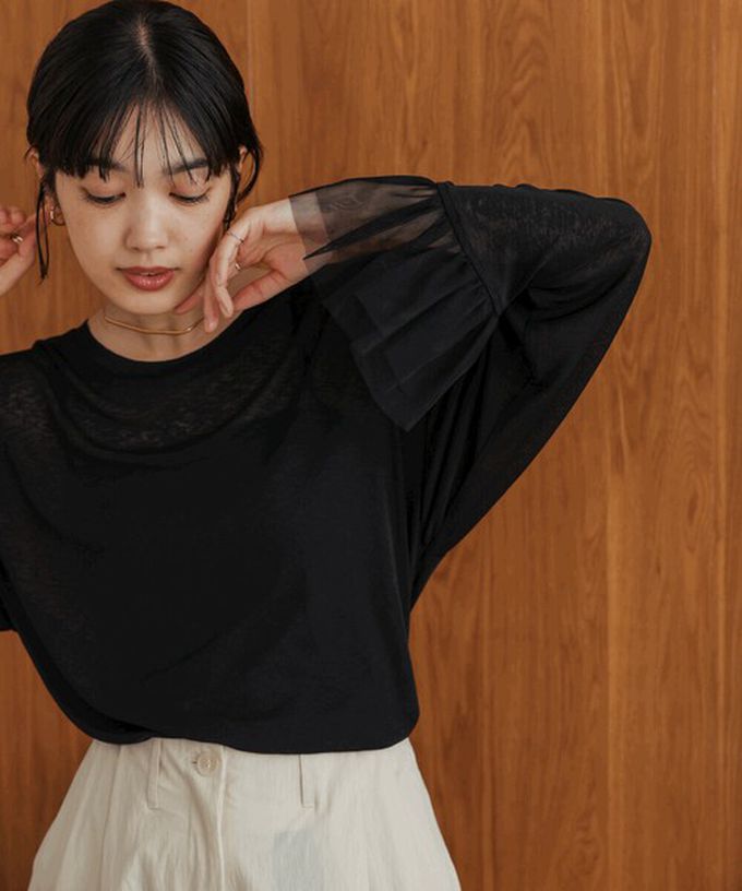 日本 Bab - 雙層薄紗拼接俏麗長袖上衣-炭灰