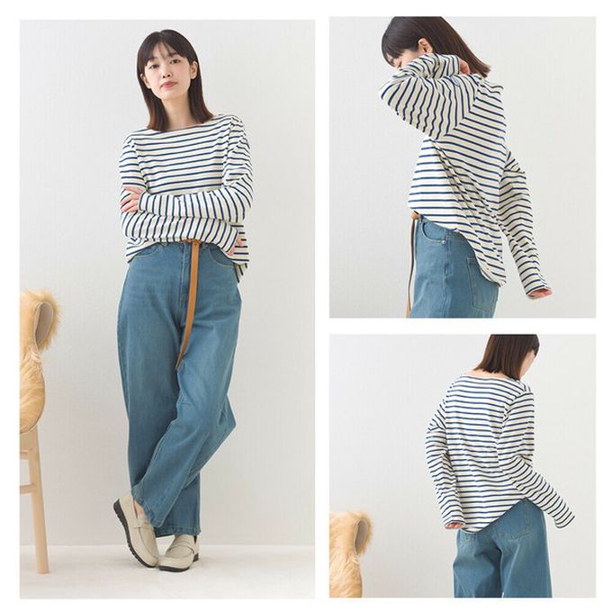 日本 OMNES - [必收款]100%棉 條紋船領長袖上衣-白x海軍藍