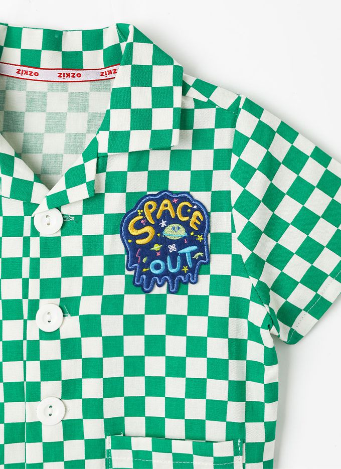 韓國 OZKIZ - 圖章點綴格紋短袖套裝-綠