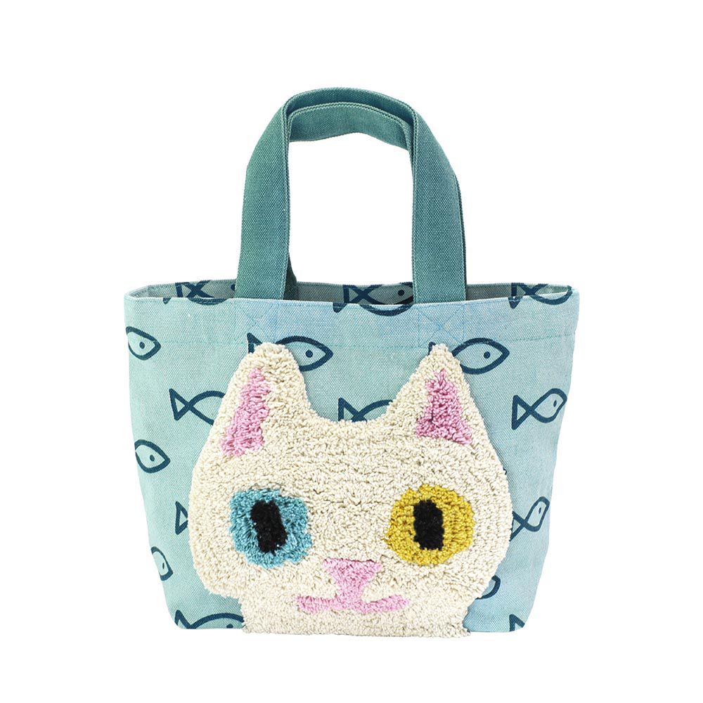 日本 TOMO - 可愛動物刺繡帆布包/提袋-貓咪眼睛-藍 (30×20×D10cm)