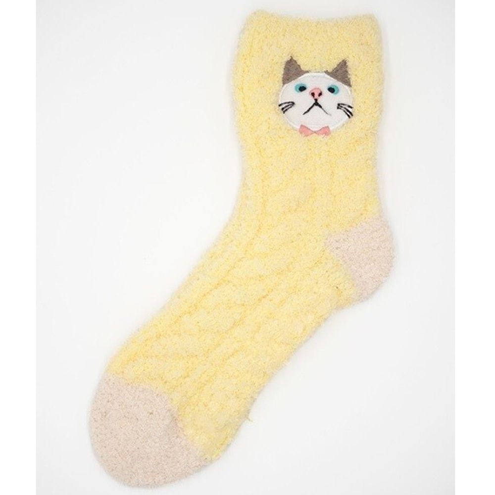 日本 friendshill - 動物刺繡針織保暖長襪(防滑設計)-貓咪-黃 (22-25cm)