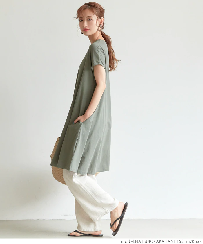 日本 COCA - 純棉圓領修身剪裁長版短袖上衣-黑