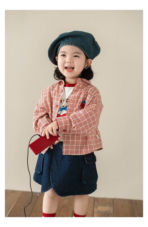 百搭翻領刺繡格紋襯衫/外套-小櫻桃-紅色