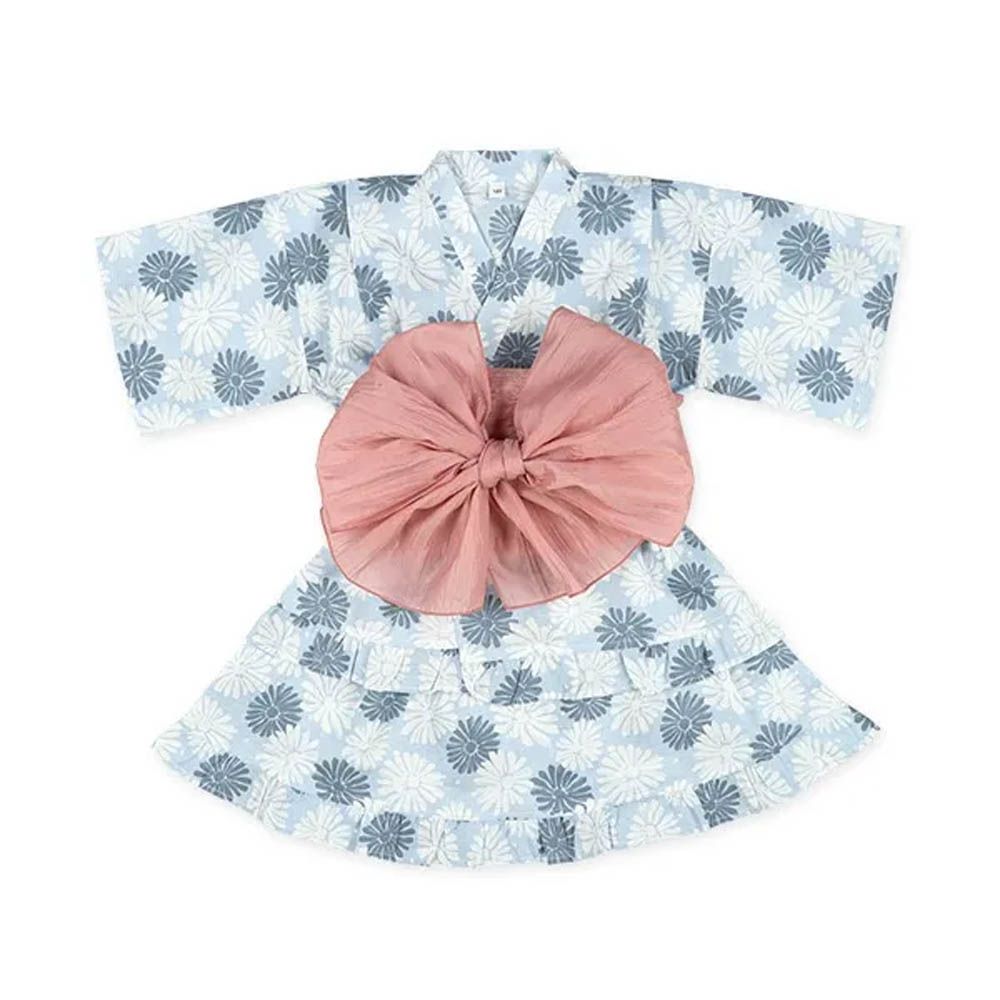 100%棉 夏季限定甚平短裙套裝（附腰帶）-花朵-淺藍