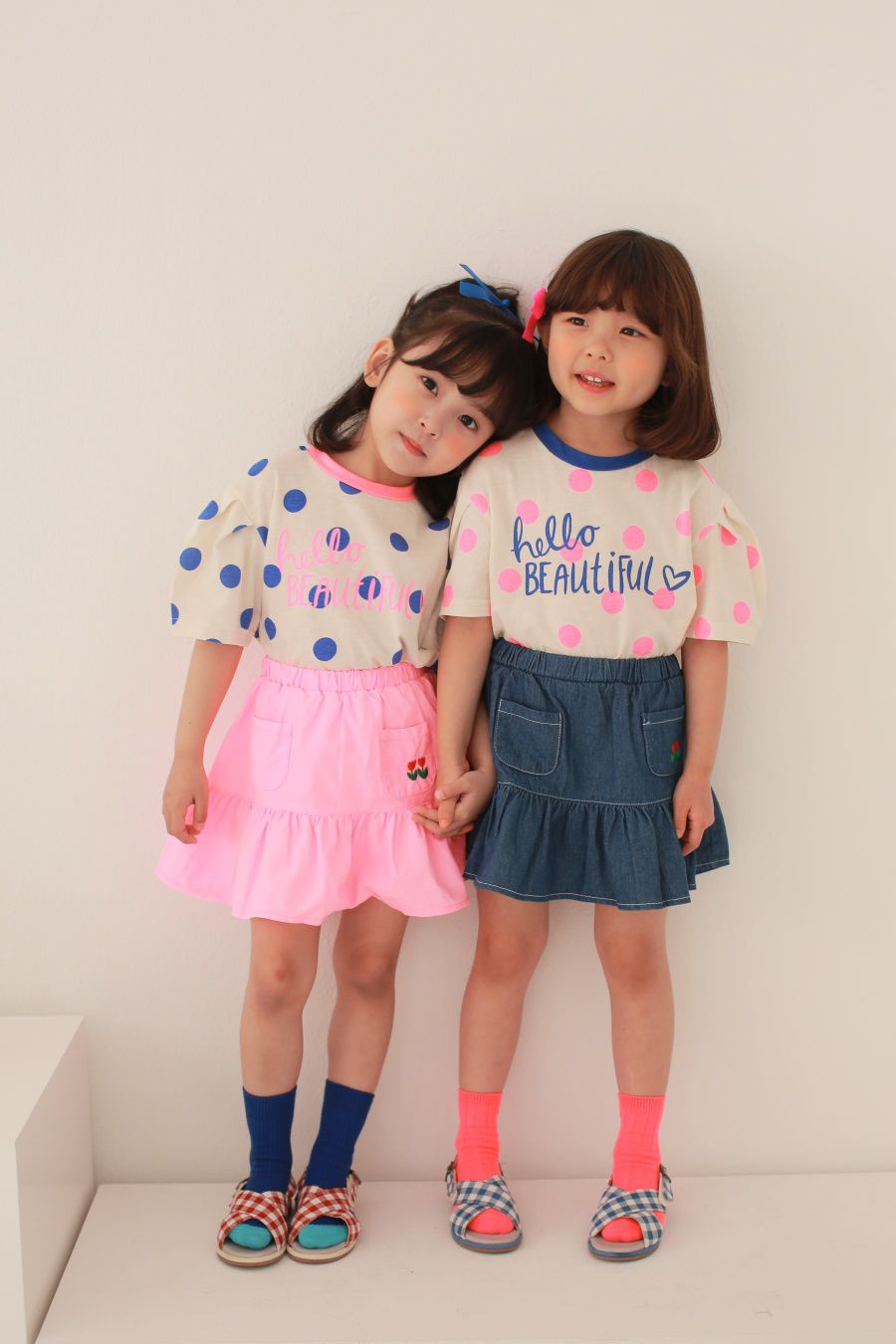 韓國 Dalla - 波點泡泡袖純棉T-粉紅波點