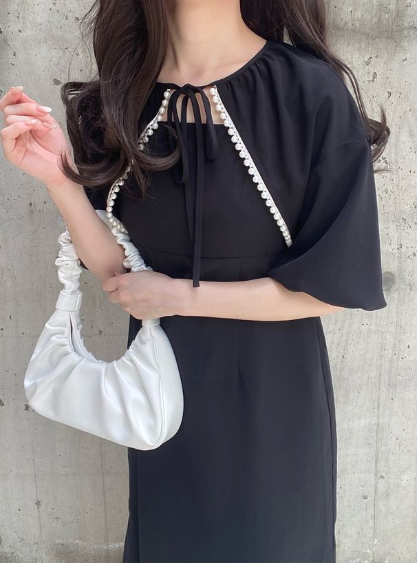 日本 GRL - 優雅蕾絲滾邊泡泡袖兩件式洋裝-煙燻藍 (F)