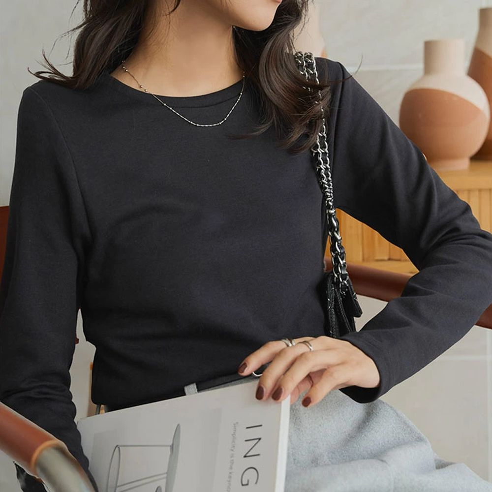 吸濕發熱簡約保暖長袖上衣-黑