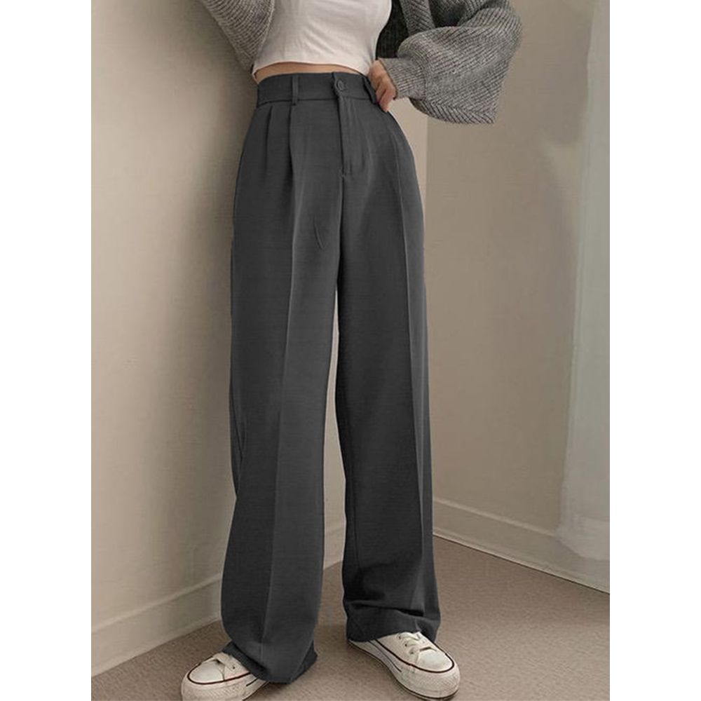 時尚感修身打褶西裝寬褲-深灰