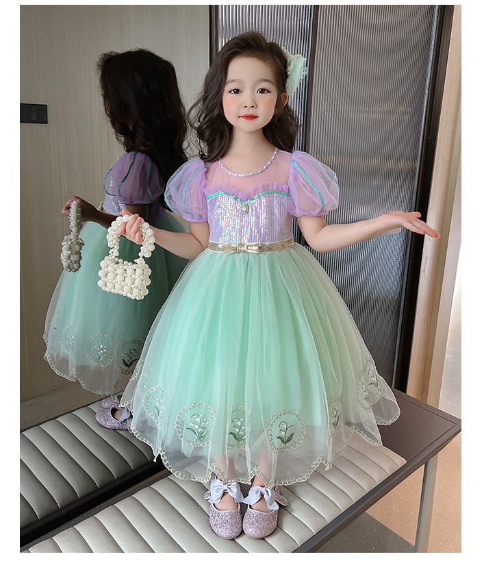 公主風亮晶晶短袖連身裙-美人魚配色-果綠+紫