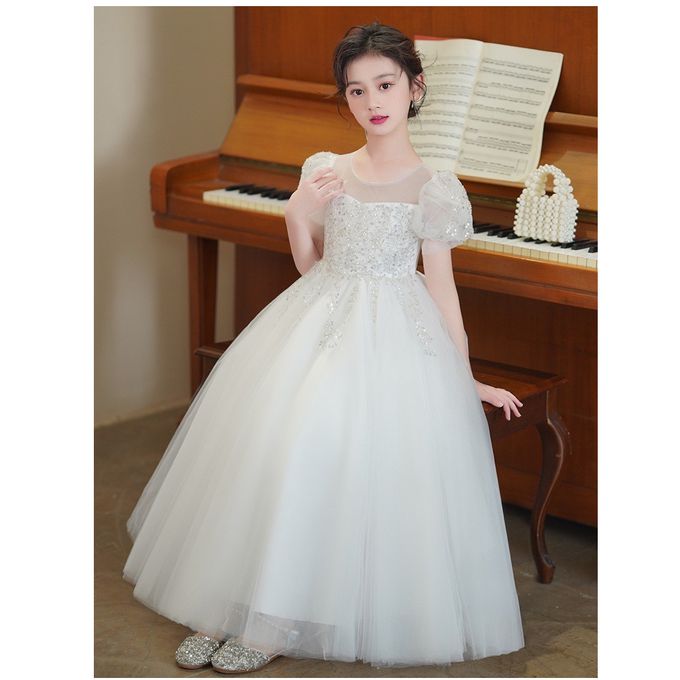 畢業典禮氣質柔美刺繡珠片公主袖長禮服