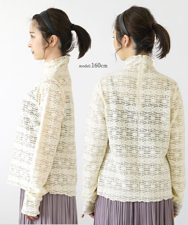 日本 zootie - 微透膚刺繡蕾絲高領內搭長袖上衣-黑