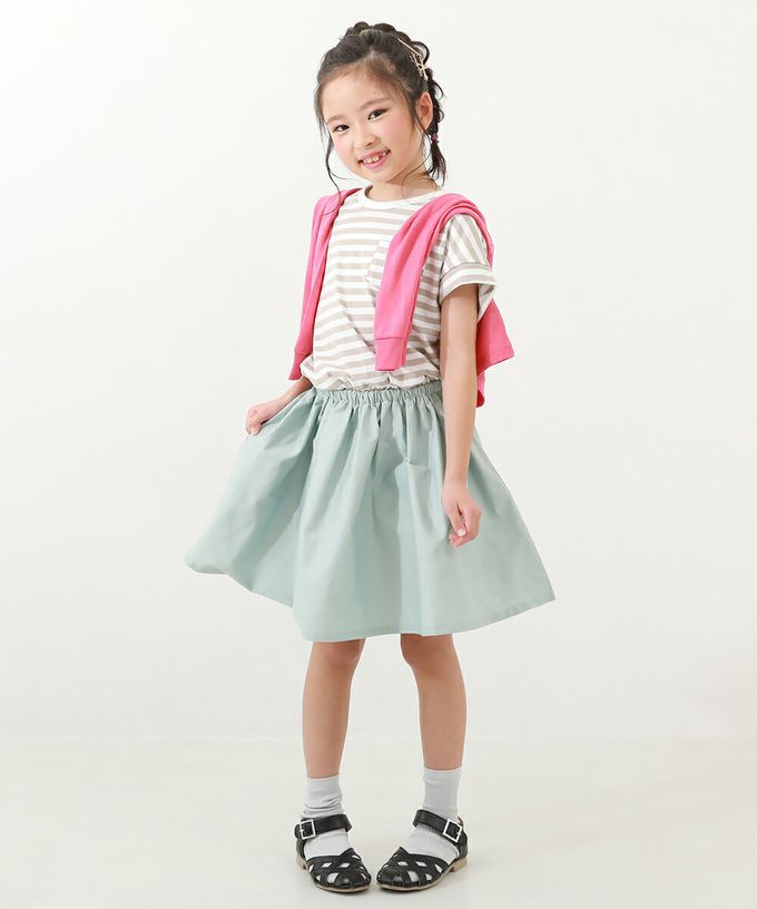 日本 devirock - 百搭印花拼接短袖洋裝-條紋-杏白x奶茶