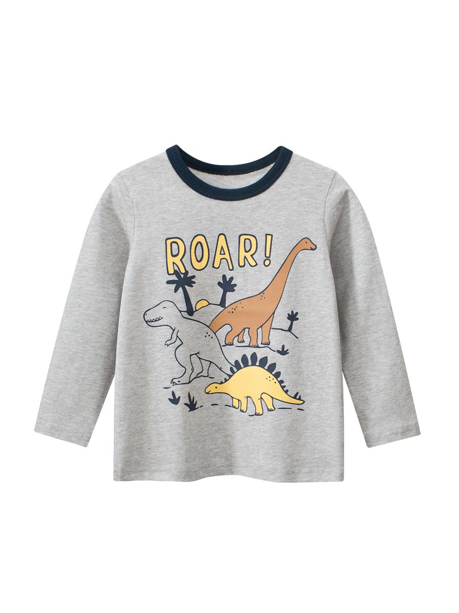 純棉圓領薄長袖上衣-Q萌恐龍世界-灰色