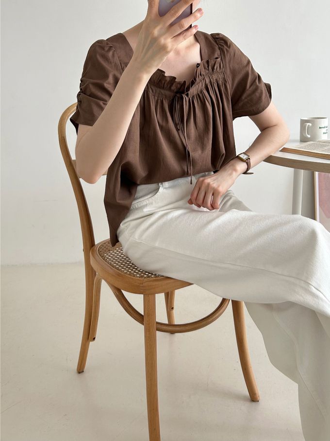 韓國女裝連線 - 波浪方領棉麻短袖上衣-白 (FREE)