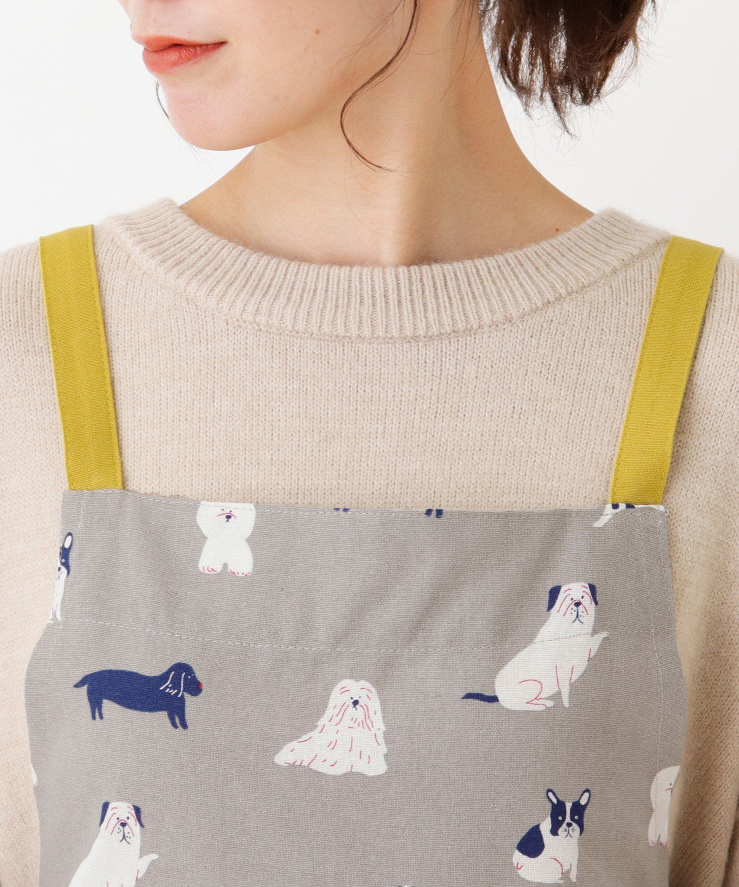 日本代購 - 印度棉大人料理圍裙(雙口袋)-狗狗散步-灰x黃