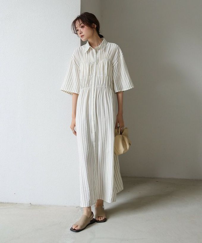 日本 Bab - 時尚抓皺襯衫式五分袖洋裝-條紋-藍