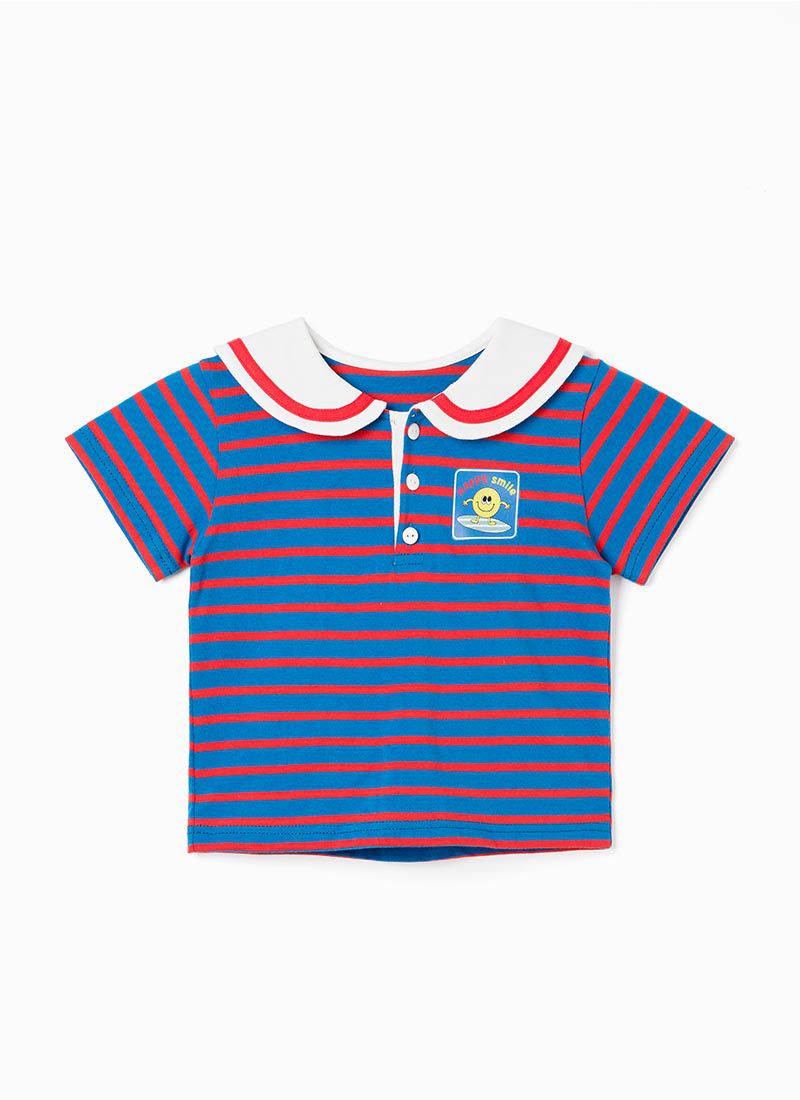 韓國 OZKIZ - 笑臉條紋水手翻領短袖上衣-藍X紅