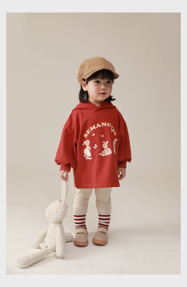 連帽寬鬆長袖帽T-可愛兔兔-紅色