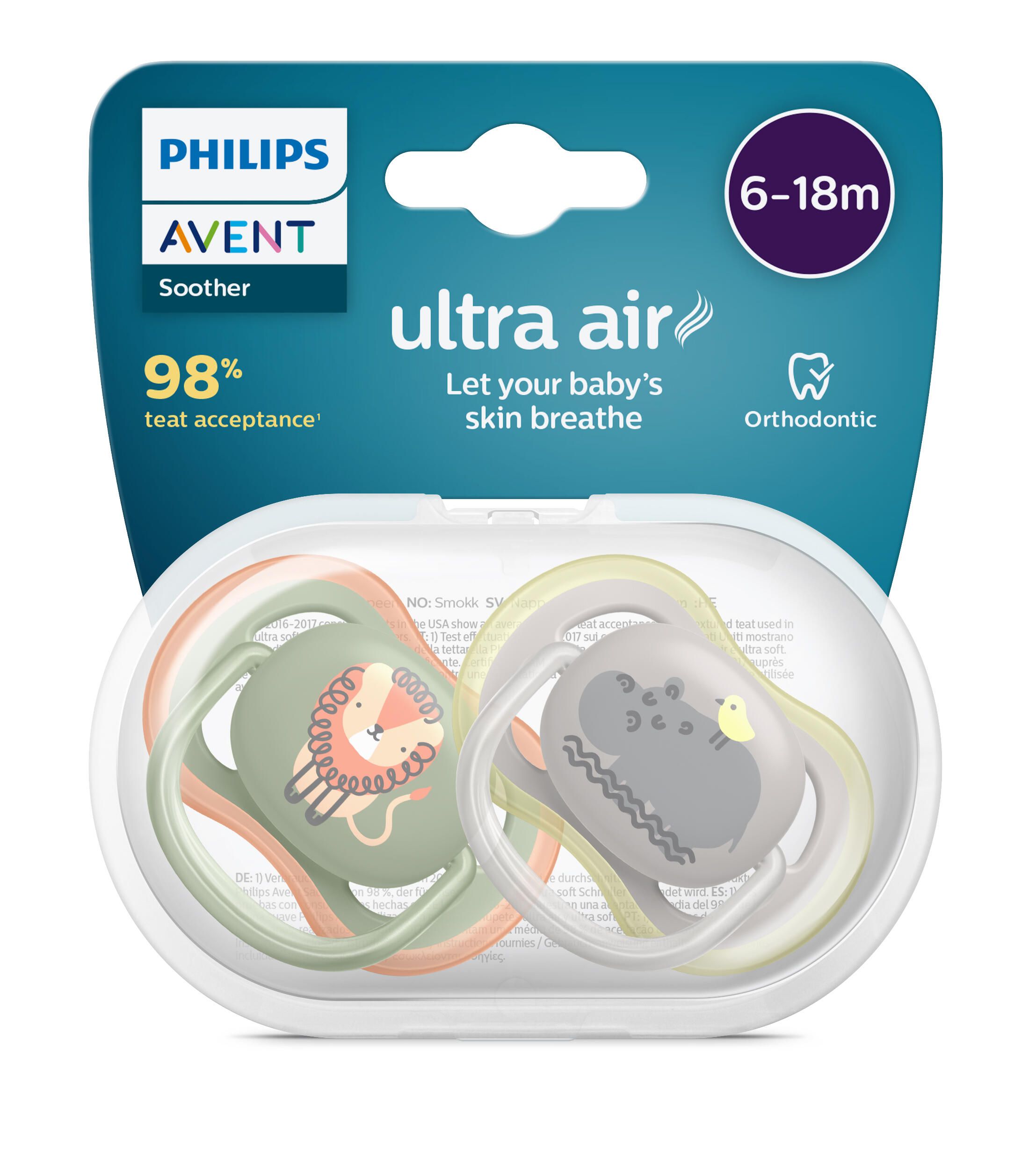 PHILIPS AVENT 新安怡 - 安撫奶嘴-超透氣6-18M(雙入；卡通) - 可愛動物派對 (可愛獅子+可愛河馬)