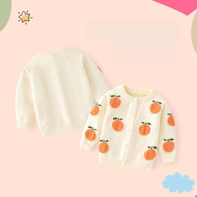 舒適圓領提花針織外套-滿版橘子-米色