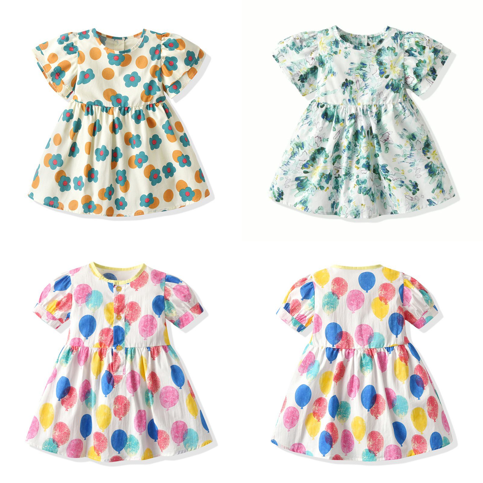 泡泡袖收腰公主裙-繽紛氣球-白底