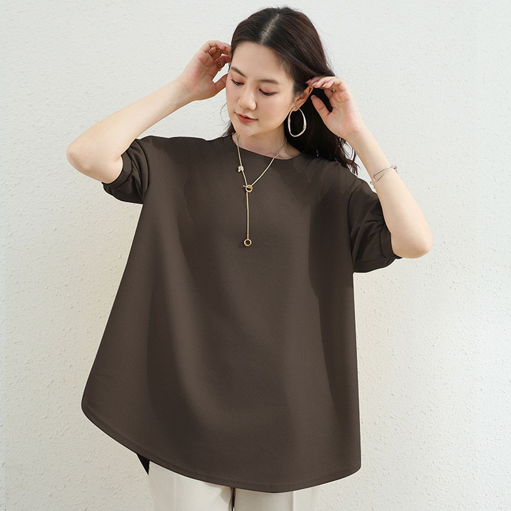 甜美華夫格燈籠袖長版上衣-咖啡色 (F)