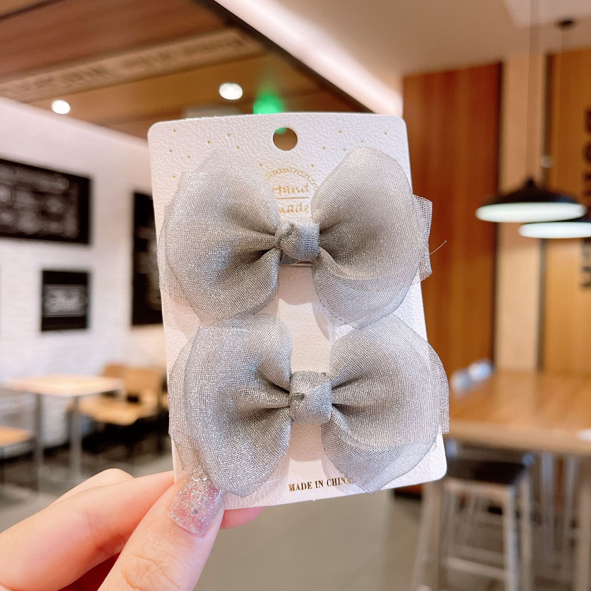 亮亮網紗蝴蝶結髮夾(2入組)-海軍藍