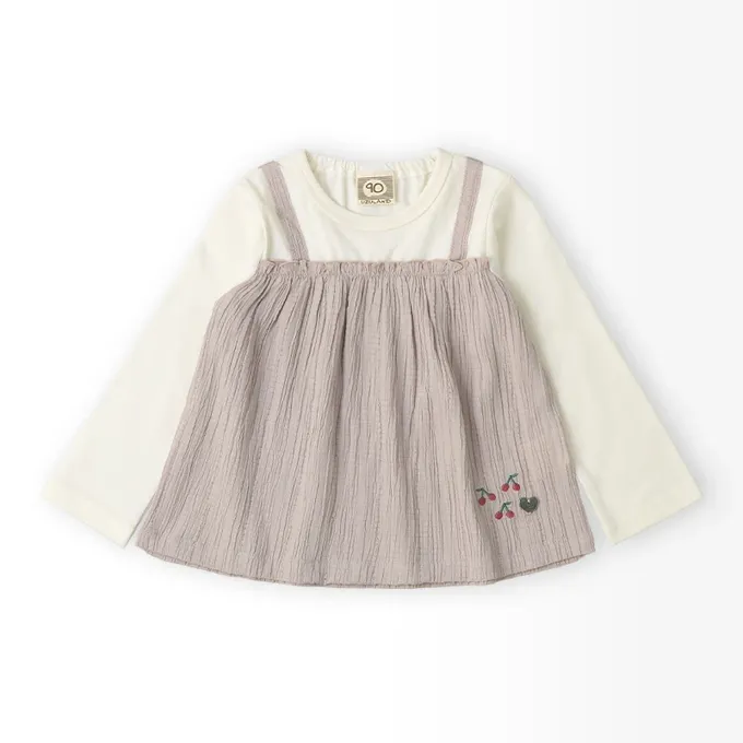 日本 ZOOLAND - 假二件典雅緹花長袖上衣-櫻桃刺繡-炭灰